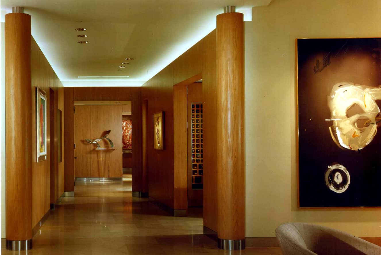 Wood column walls hallway